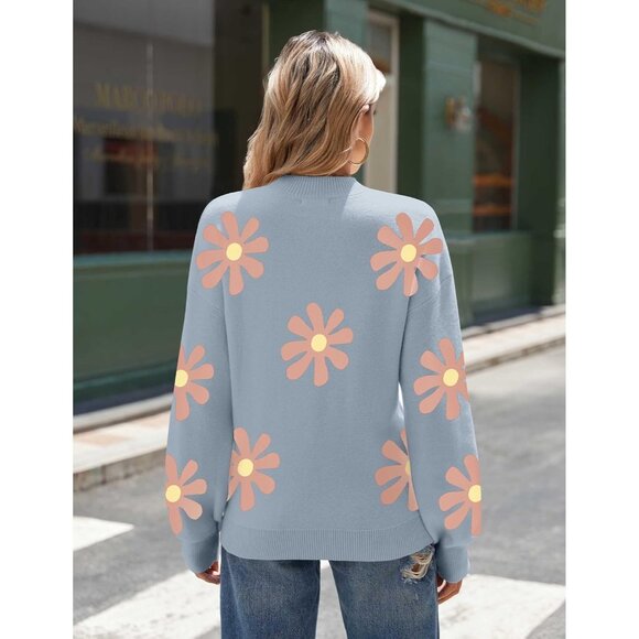 Zeagoo Women's Blue-flower Long Sleeve Pullover Ribbed Knitted Pattern Sweater - Picture 4 of 7